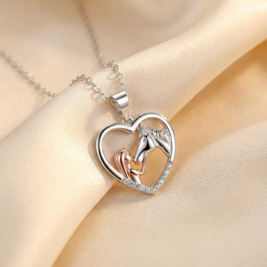 Beautiful Heart Zircon Girl and Horse Necklace