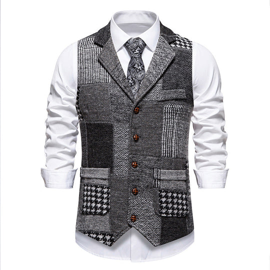 Leo patchwork tweed waistcoat with herringbone pattern