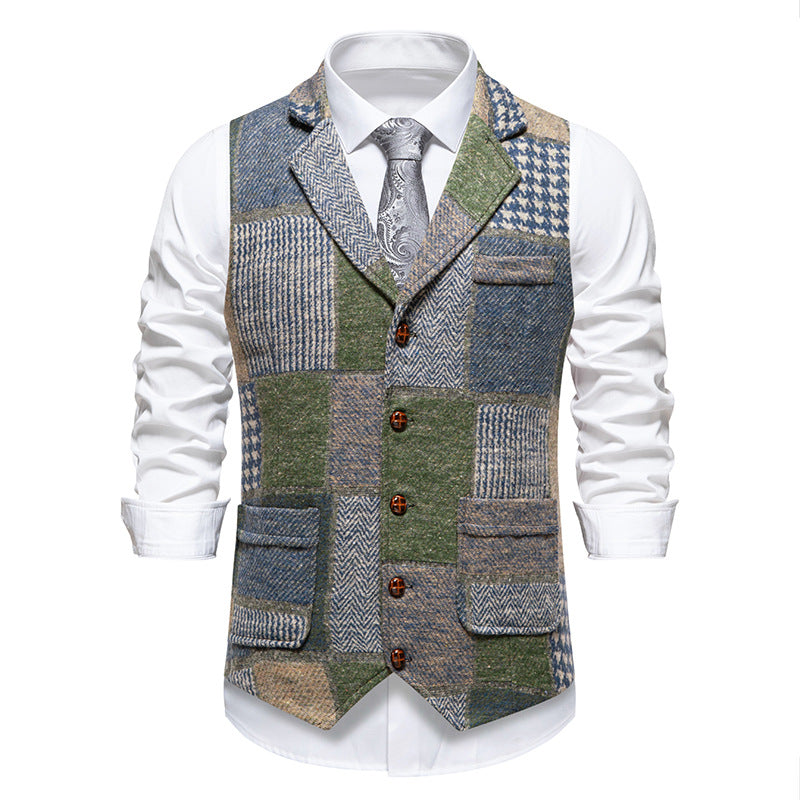 Leo patchwork tweed waistcoat with herringbone pattern